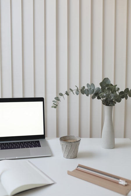 ordinateur sur un bureau avec cahier et une plante verte